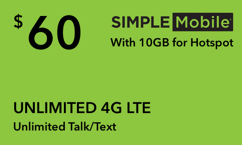 Simple Mobile - $60 Unlimited Monthly Refill